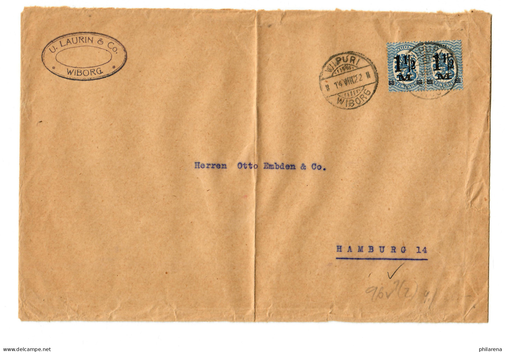 Brief Aus Wiborg, 1922 Nach Hamburg - Autres & Non Classés