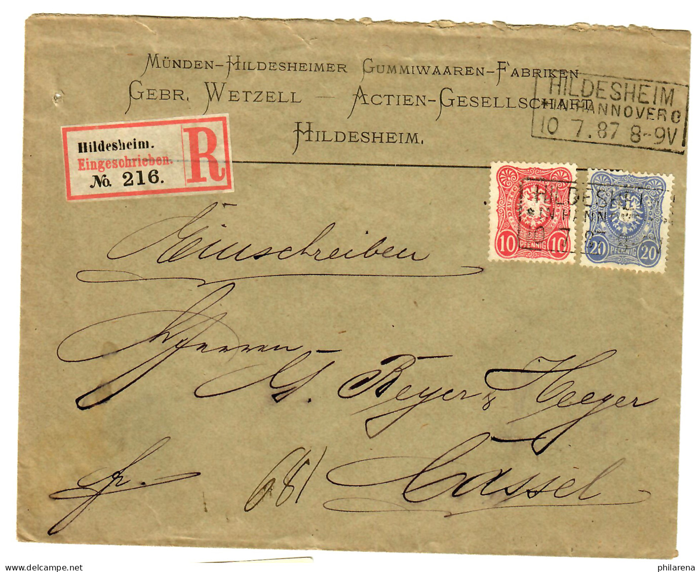 Hildesheim Einschreiben, Firmenstempl 1887 Nach Kassel - Lettres & Documents