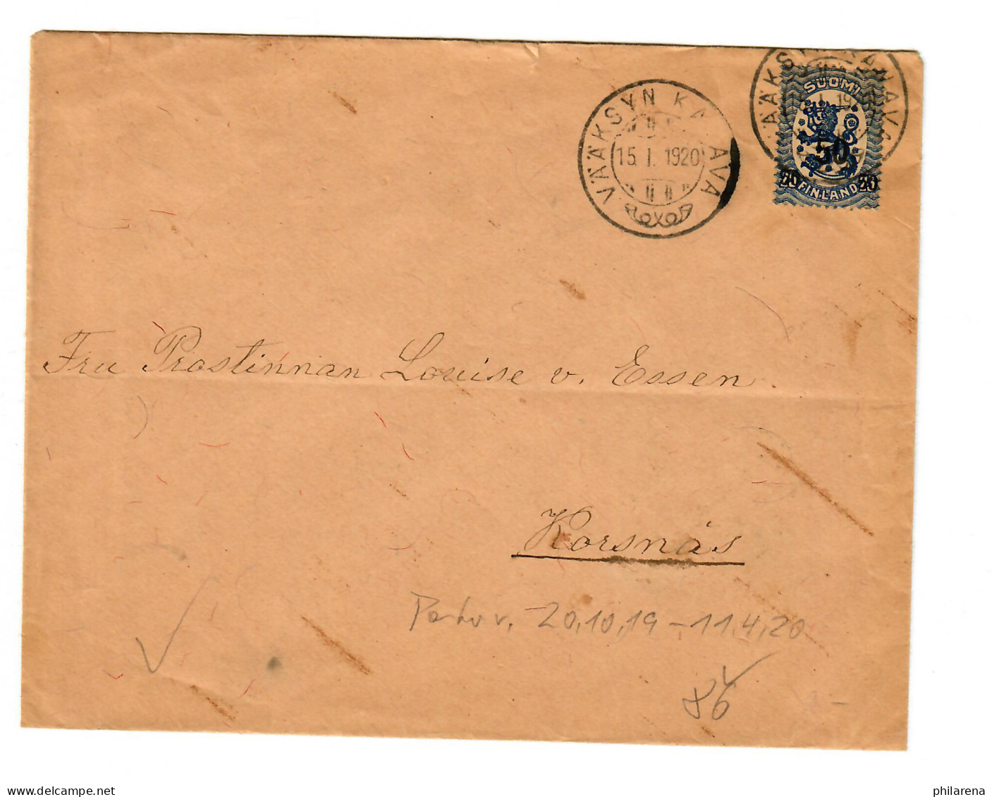 Brief Aus Vääksyn Kanava, 1920 Nach Korsnas - Altri & Non Classificati