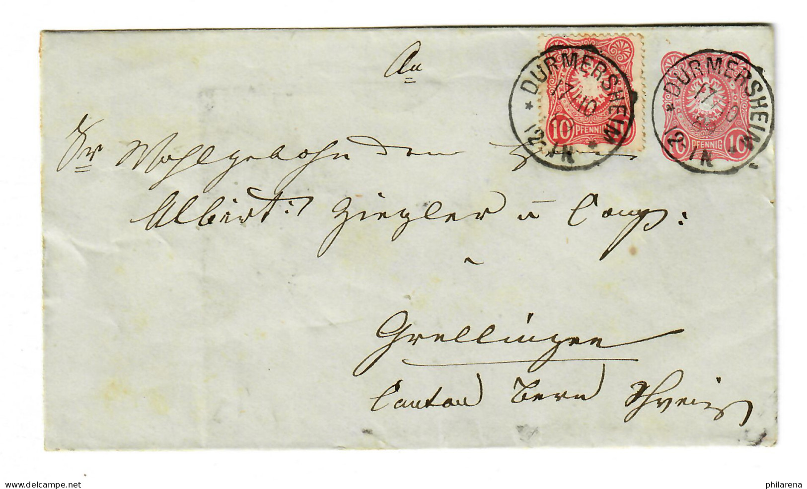 Ganzsache Durmersheim, 1889 In Die Schweiz, Bern - Briefe U. Dokumente