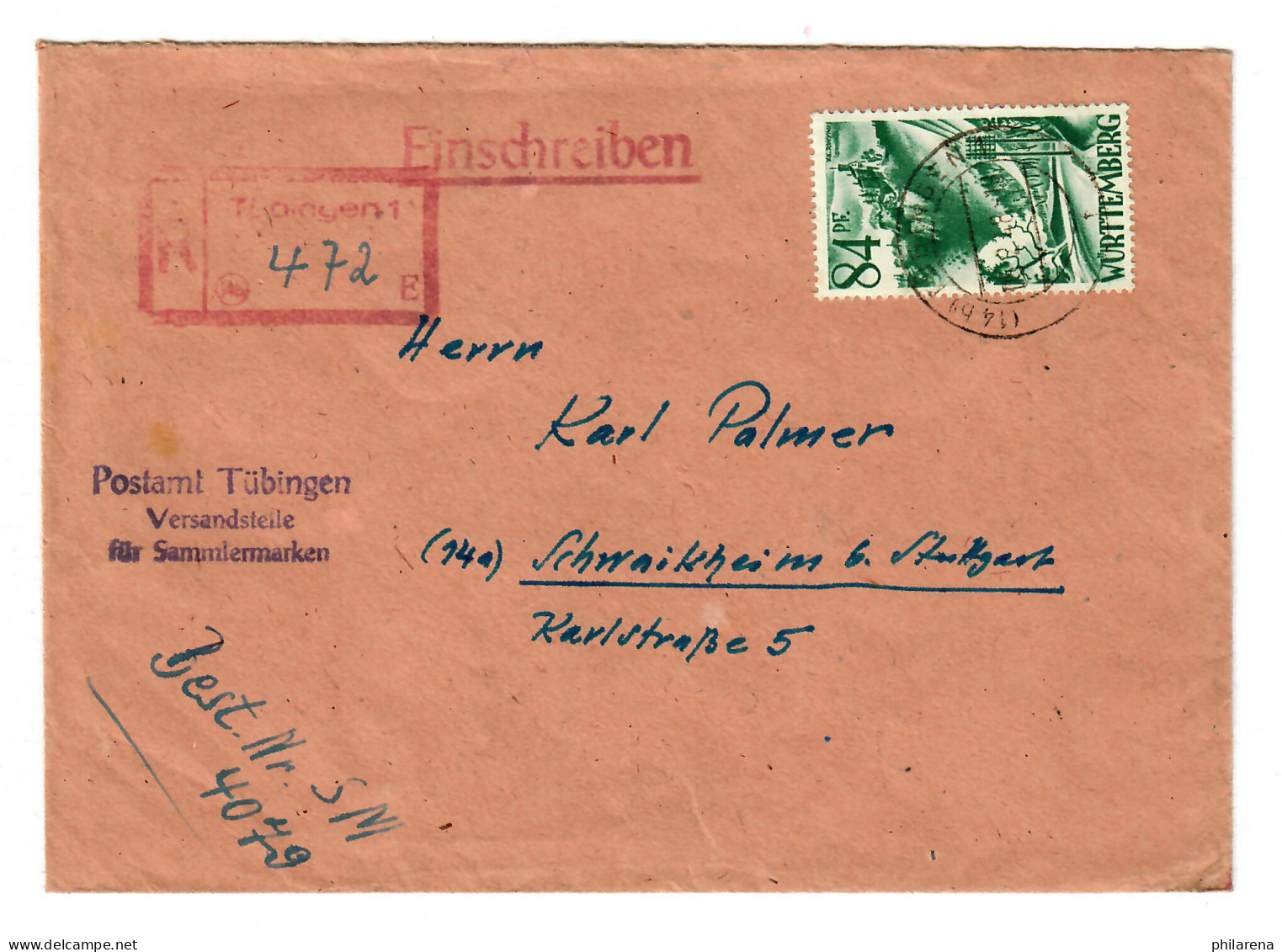 Einschreiben Tübingen, Versandstelle Für Sammlermarken Nach Schwaikheim, 1948 - Wurtemberg