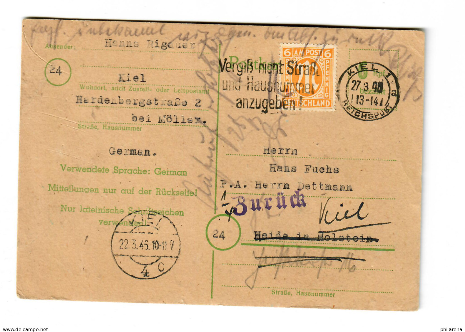 Postkarte Kiel Nach Heide/Holstein MiF Und Zurück 1946 - Storia Postale