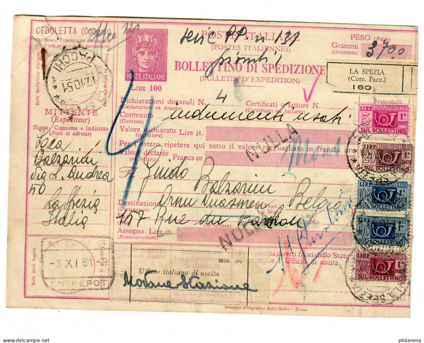 Italien: Paketkarte La Spezia 1951, Nach Belgien - Zonder Classificatie