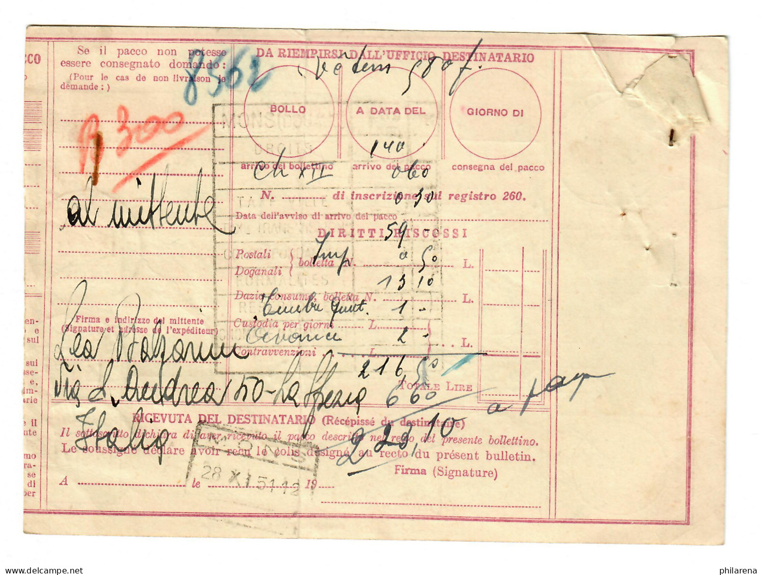 Italien: Paketkarte La Spezia 1951, Nach Belgien - Sin Clasificación