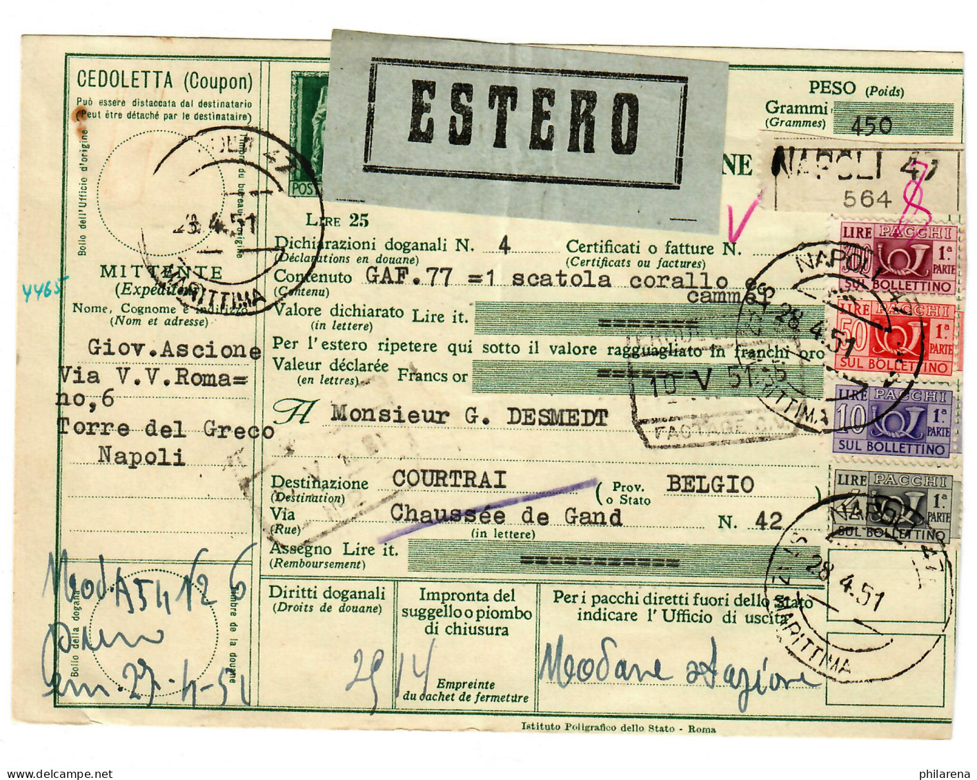 Italien: Paketkarte Napoli 1951 Nach Courtrai/Belgien - Ohne Zuordnung