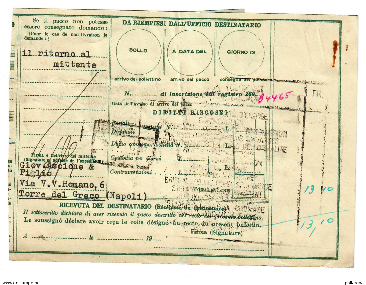 Italien: Paketkarte Napoli 1951 Nach Courtrai/Belgien - Non Classés