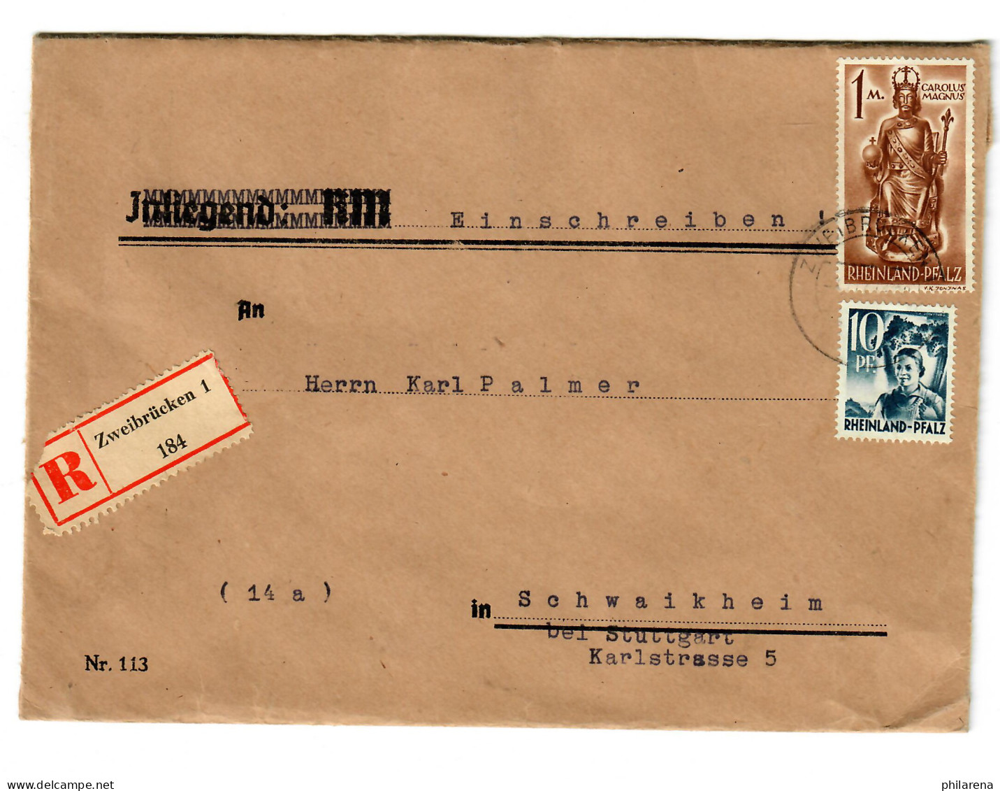 Einschreiben 1947 Zweibrücken Nach Schwaikheim - Rijnland-Palts