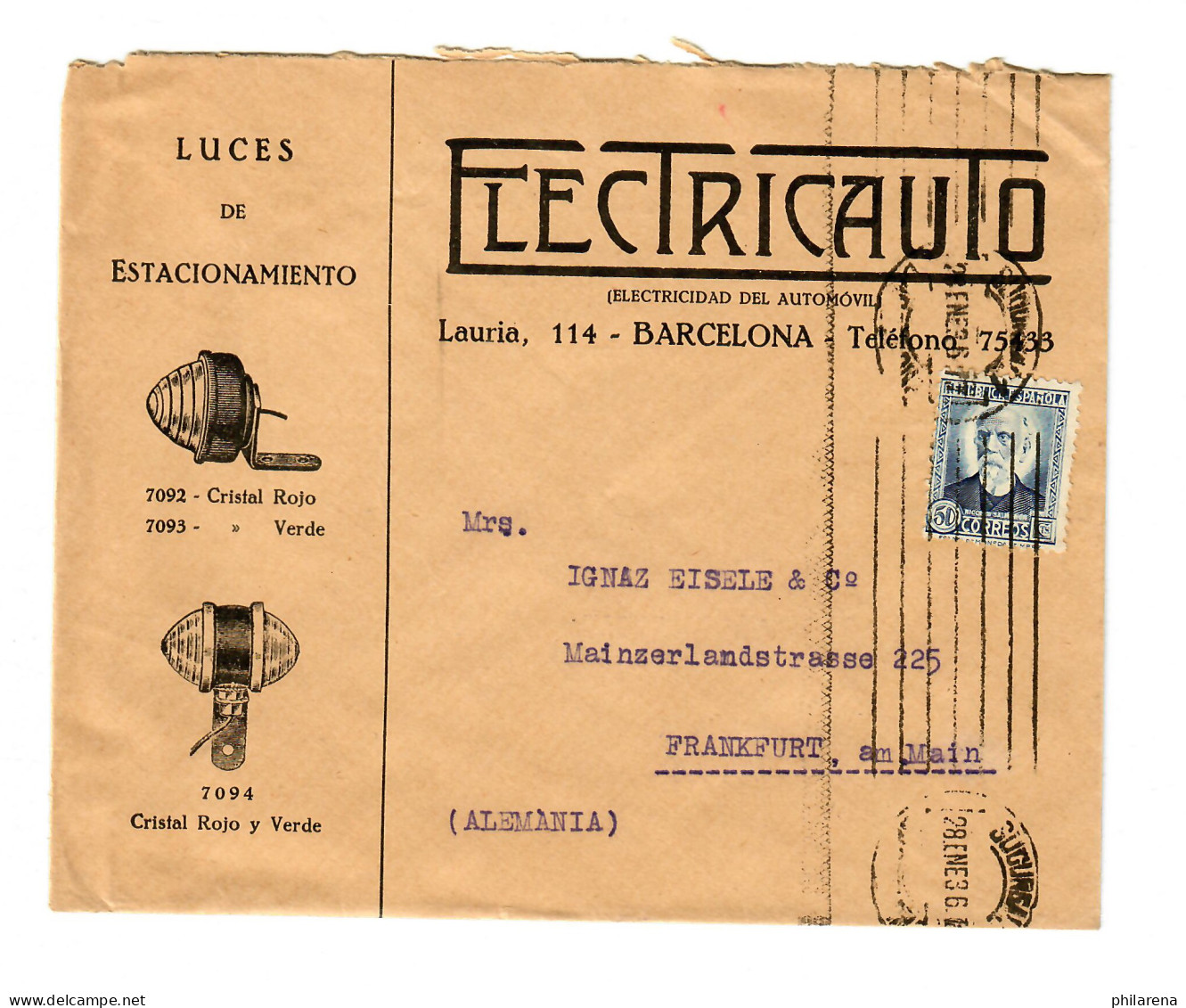 Electricauto - Rücklichter, Blinker, Kfz: Barcelona Nach Frankfurt/M, 1936 - Other & Unclassified