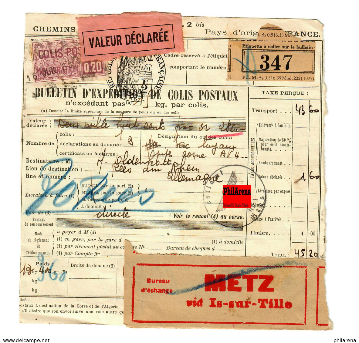 Wert-Paketkarte Metz Nach Rees Am Rhein, Zollamtstempl, 1938 - Other & Unclassified