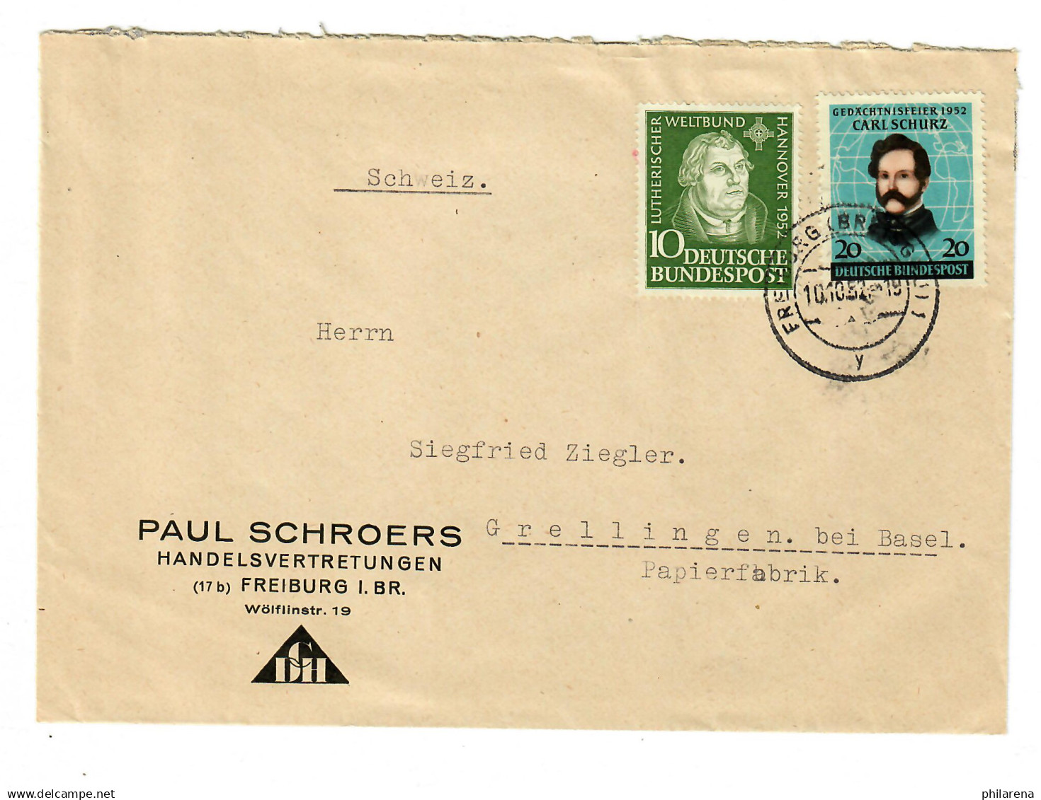 Bund: Freiburg I. Breisgau Nach Grellingen/Schweiz, 1952 - Storia Postale