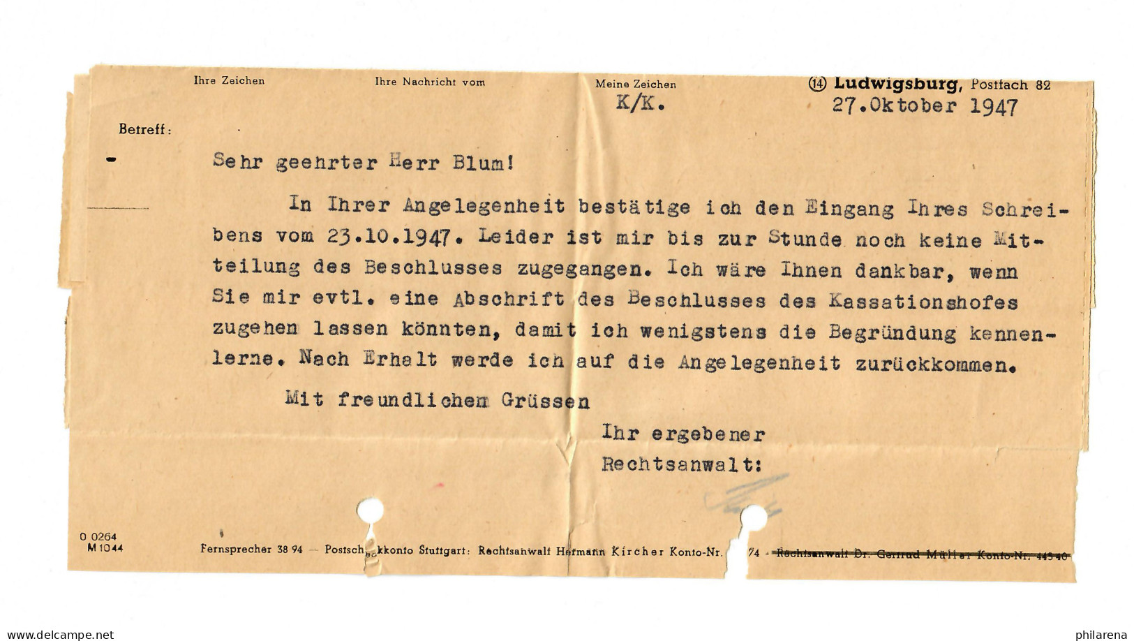 Interniertenlager Ludwigsburg, 1947, Betreff: Kassationshof Beschloss - Cartas & Documentos