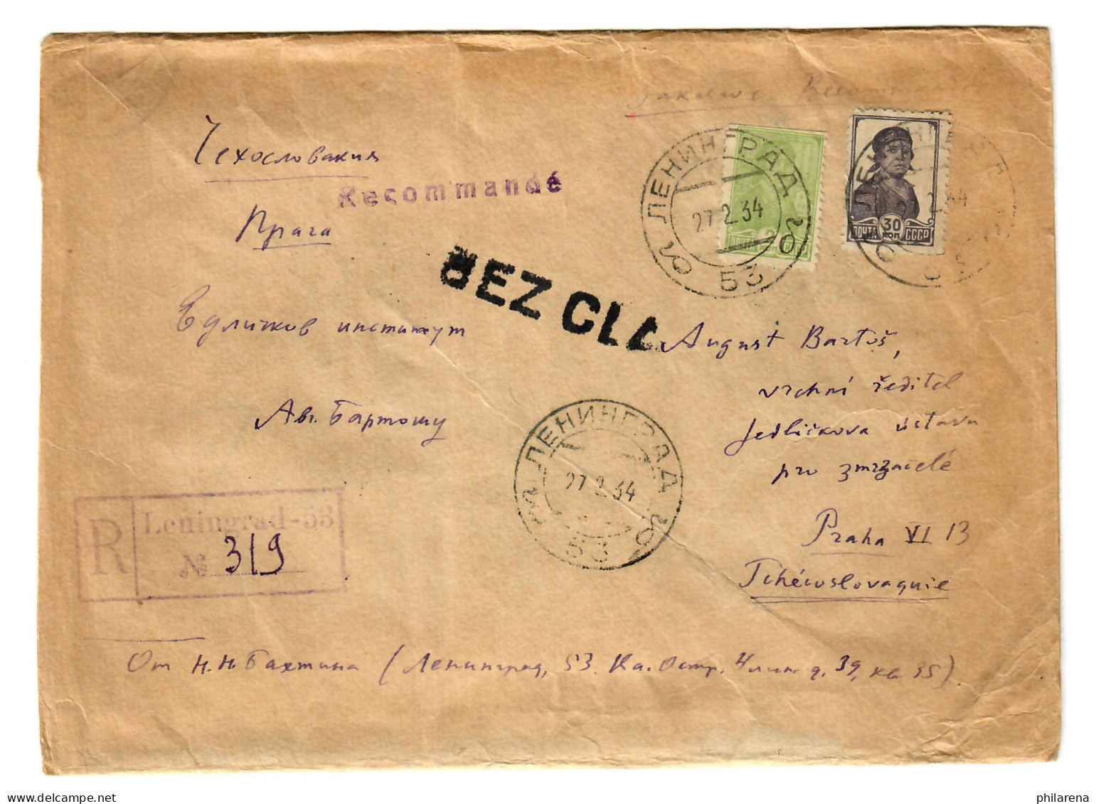 Leningrad Einschreiben 1934 Nach Prag - Andere & Zonder Classificatie