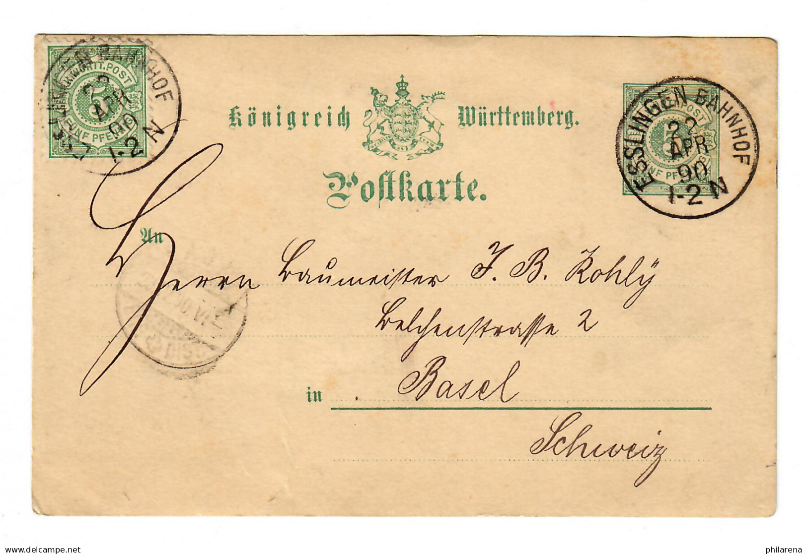 Ganzsache Esslingen Bahnhof 1890 Nach Basel, Holzwaren - Brieven En Documenten