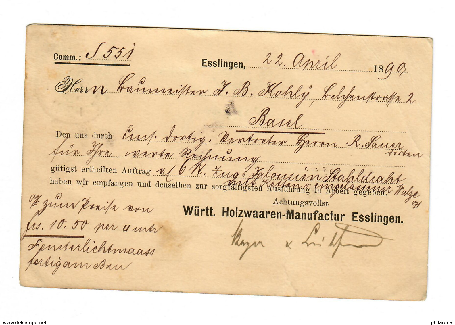 Ganzsache Esslingen Bahnhof 1890 Nach Basel, Holzwaren - Brieven En Documenten