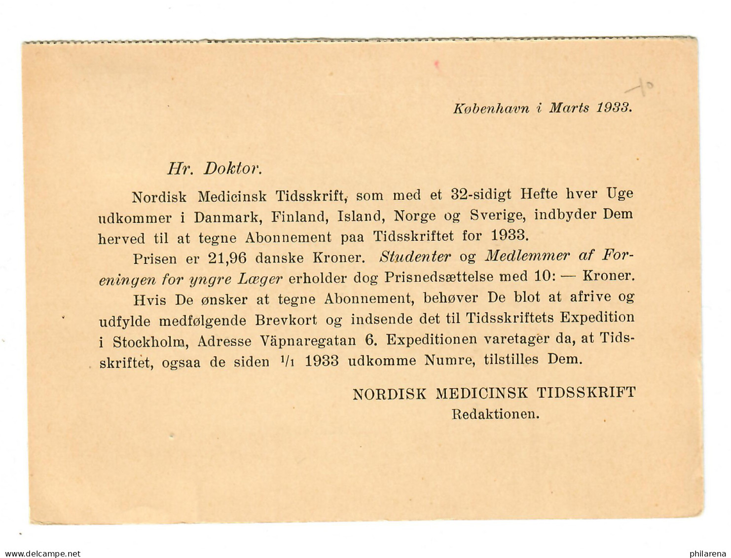Helsinki 1933, Medizin Als Vorlagekarte An Doktoren - Sonstige & Ohne Zuordnung