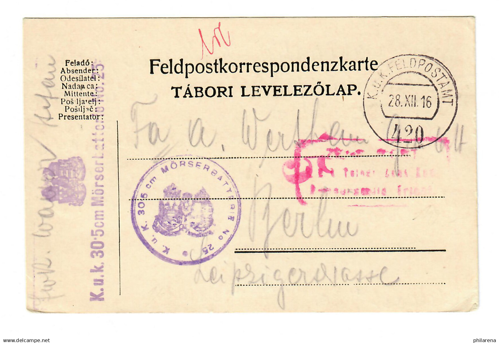 K.u.K Feldpostamt 1916 Mörserbatterie Nr. 25 Nach Berlin - Feldpost (Portofreiheit)