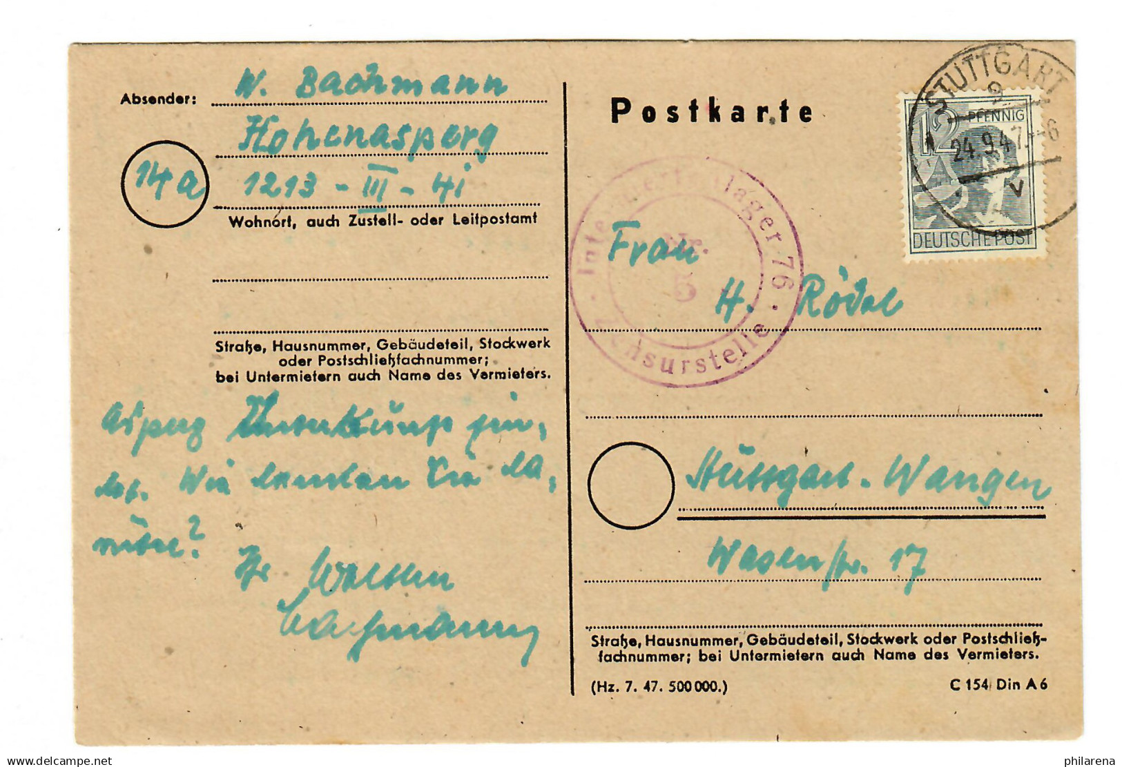Ludwigsburg Hohen Asperg, Interniertenlager Nach Stgt.-Wangen 1947 - Storia Postale