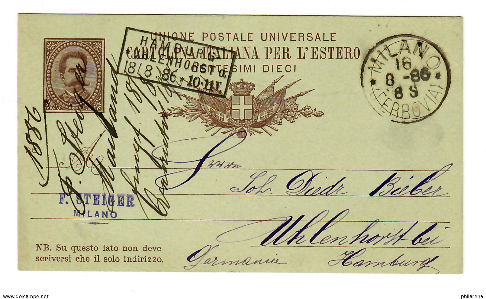 Postkarte Milano 1888 Nach Hamburg Uhlenhorst, Ankunftsstempel - Sin Clasificación