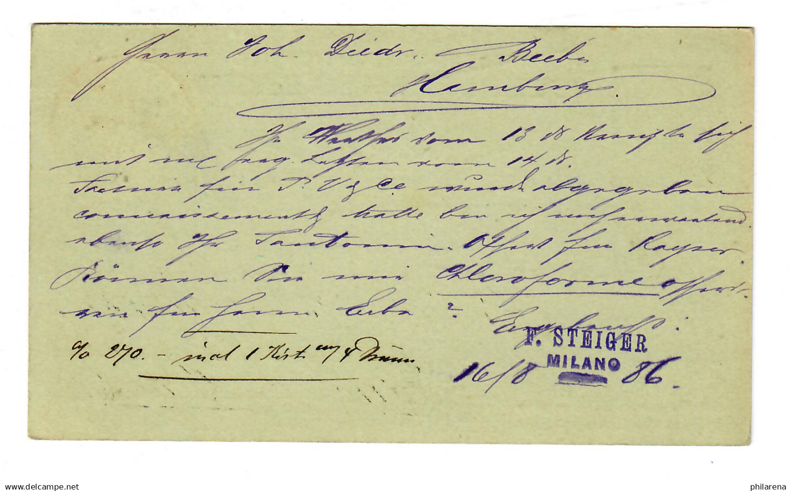 Postkarte Milano 1888 Nach Hamburg Uhlenhorst, Ankunftsstempel - Sin Clasificación