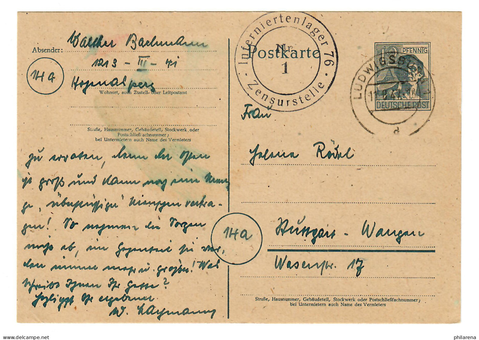 Ludwigsburg Hohen Asperg, Interniertenlager 1947 Nach Stgt.-Wangen - Lettres & Documents