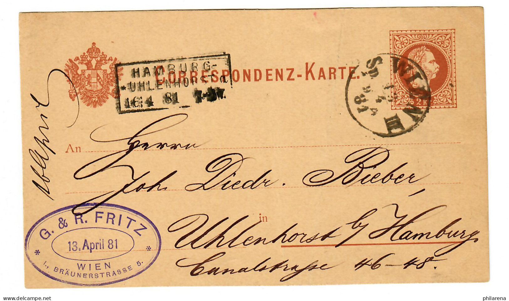 Postkarte Wien 1881 Nach Hamburg Uhlenhorst, Ankunftsstempel - Storia Postale