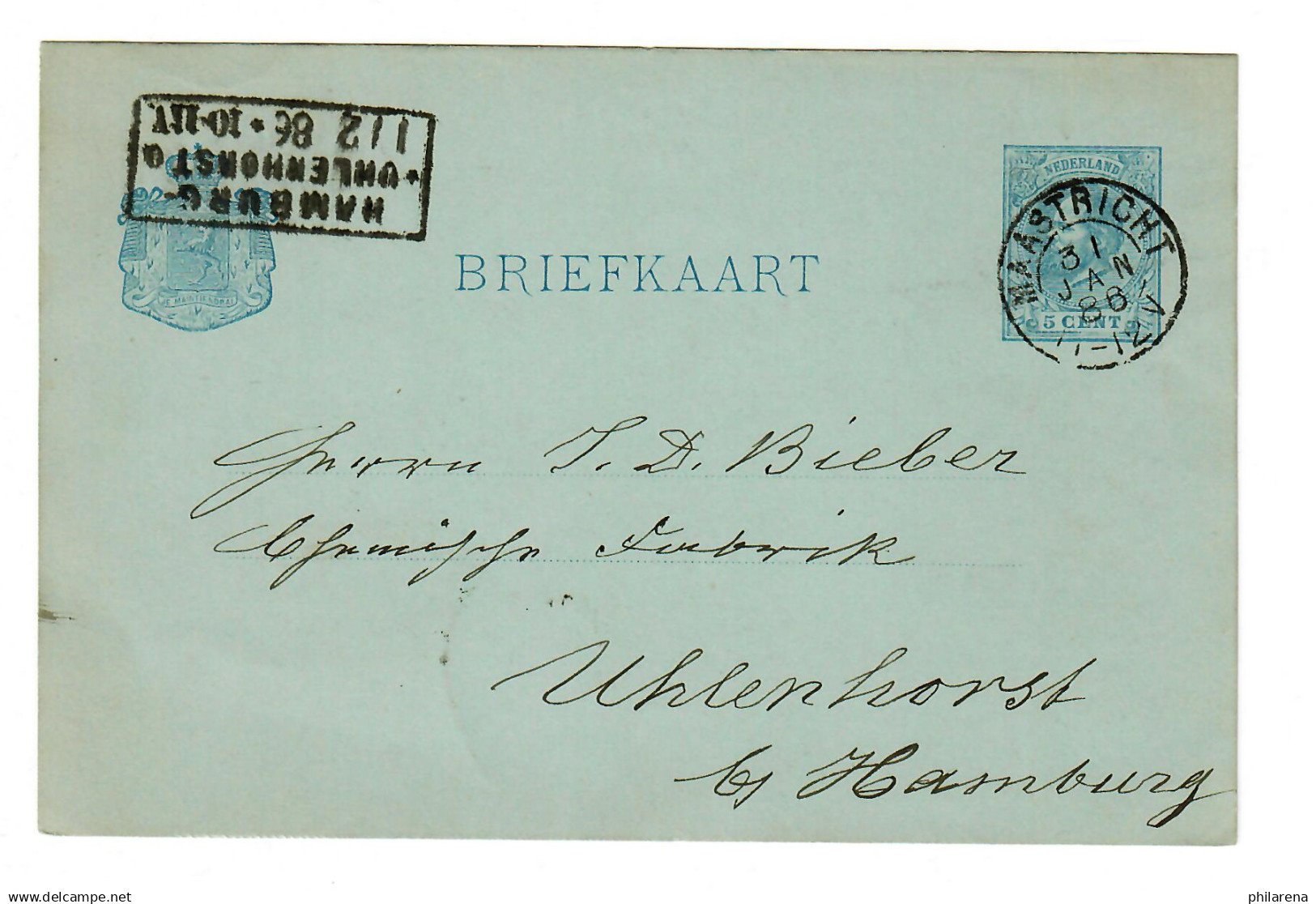 Postkarte Maastricht 1886 Nach Hamburg Uhlenhorst, Ankunftsstempel - Autres & Non Classés