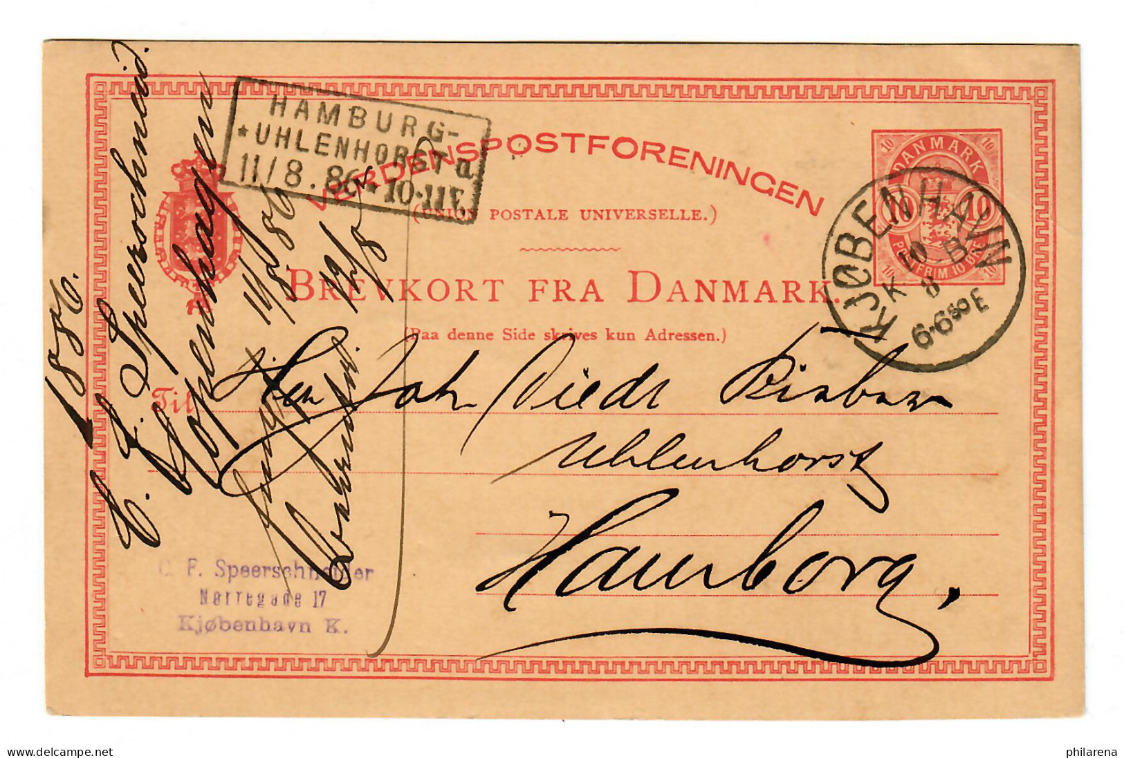 Postkarte Kopenhagen 1886 Nach Hamburg Uhlenhorst, Ankunftsstempel - Sonstige & Ohne Zuordnung
