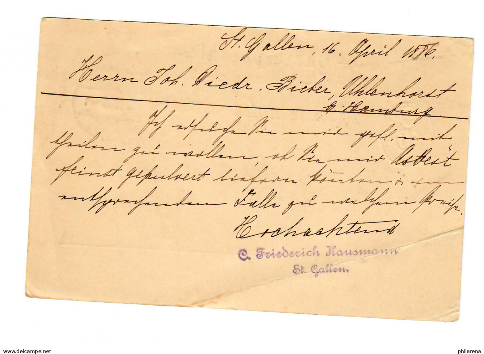 Postkarte St. Gallen 1886 Nach Hamburg Uhlenhorst, Ankunftsstempel - Autres & Non Classés