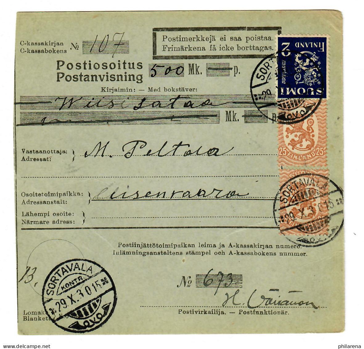 Postanweisung Sortavala Nach Elisenvaara, 1930 - Sonstige & Ohne Zuordnung