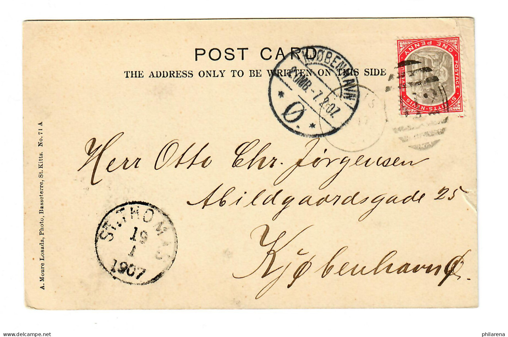 Picture Post Card St. Kitts-Nevis 1907 Nach Kopenhagen - St.Kitts And Nevis ( 1983-...)