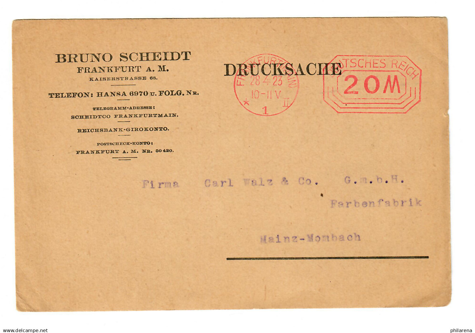 Freistempel Frankfurt/M Nach Mainz Mombach, April 1923 - Brieven En Documenten