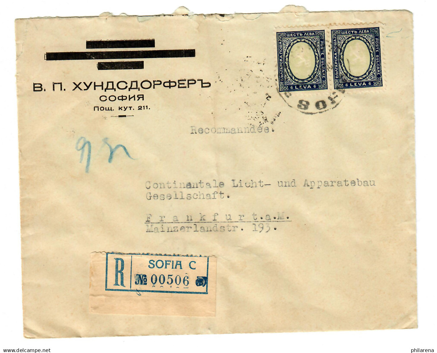 Einschreiben Sofia Nach Frankfurt/M, 1930, Rücks. Glühbirne - Other & Unclassified