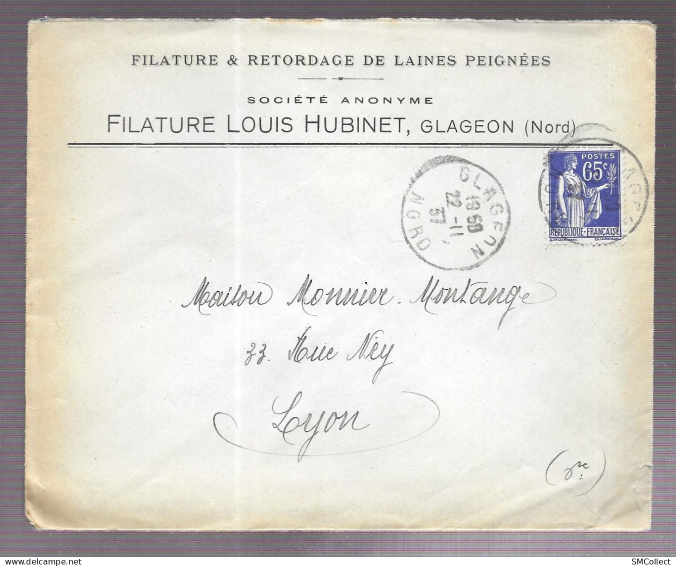 Glageon 1937. Enveloppe à En-tête De La Filature De Laines Louis Hubinet, Voyagée Vers Lyon (AS) - 1921-1960: Modern Period