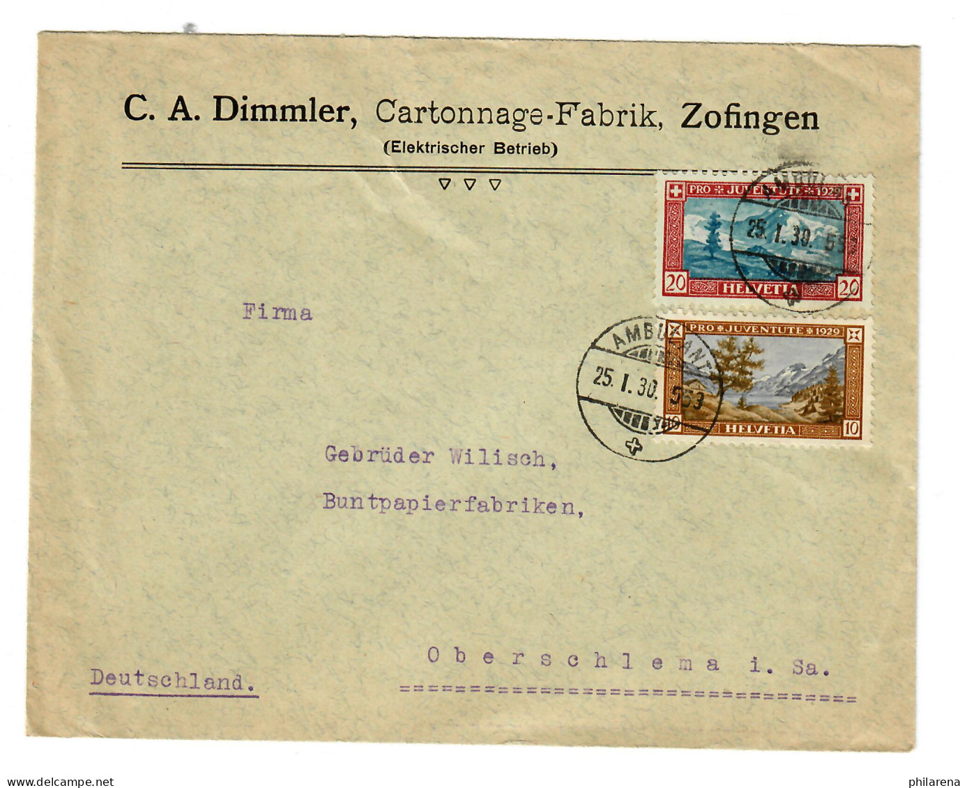 Karton Fabrik Zofingen Ambulant An Buntpapierfabriken Nach Oberschlema, 1930 - Autres & Non Classés