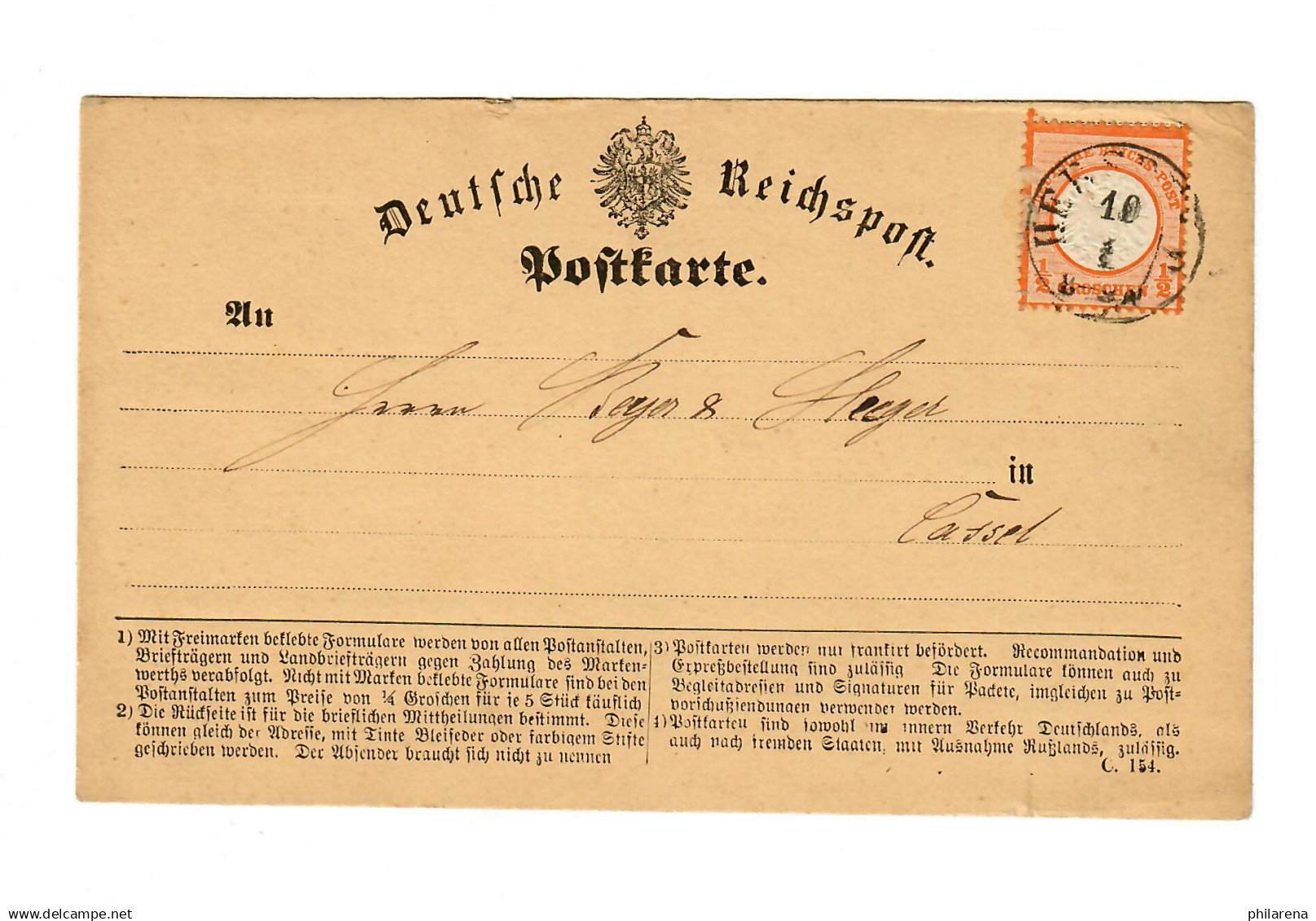 Postkarte Hersfeld 1873 Nach Kassel, T&T Stempel - Briefe U. Dokumente