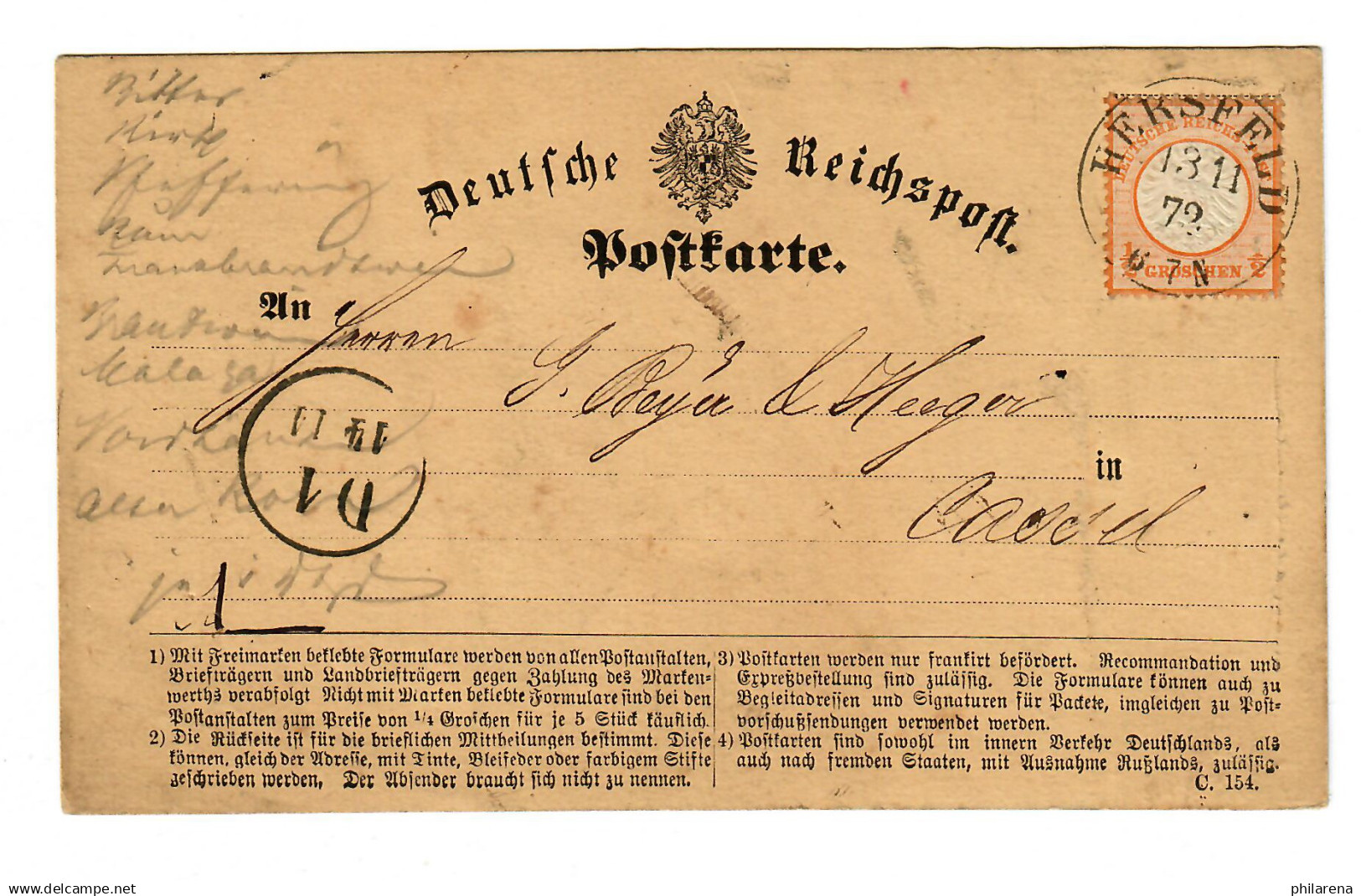 Postkarte Hersfeld 1872 Nach Kassel - Brieven En Documenten