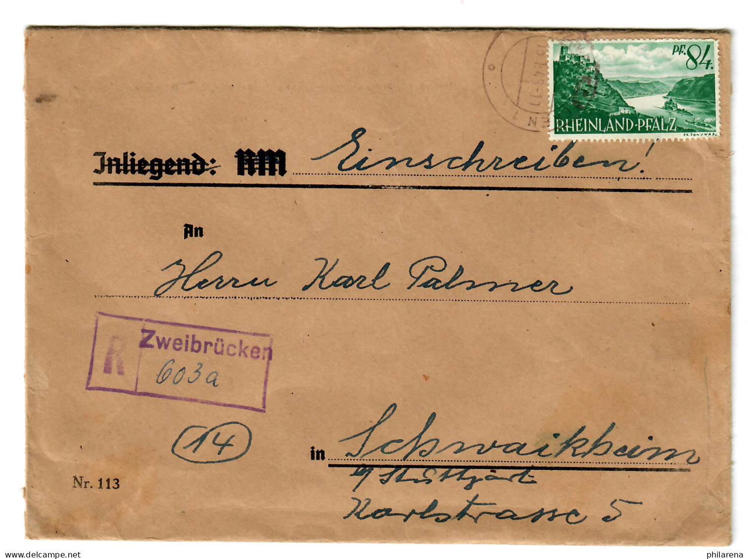Einschreiben 1948 Zweibrücken Nach Schwaikheim - Rheinland-Pfalz
