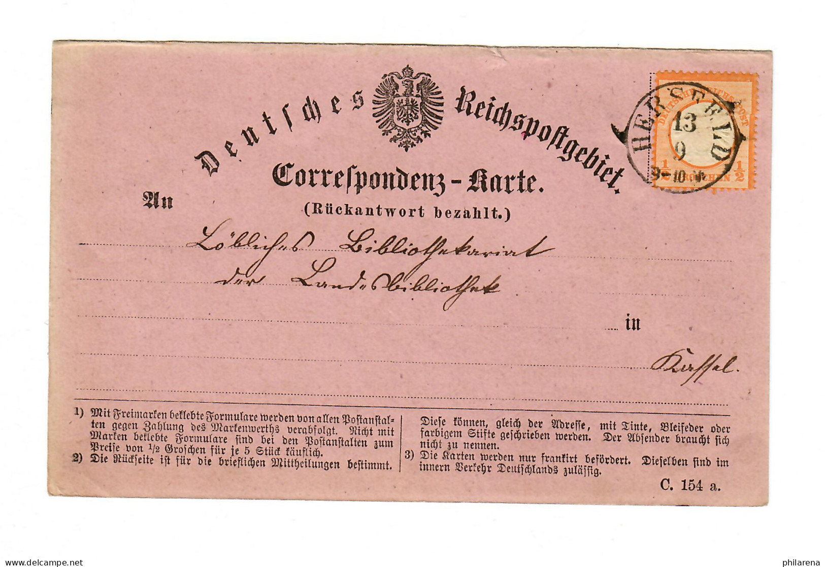 Vordruck Postkarte Hersfeld 1873 Nach Kassel, T&T Stempel - Cartas & Documentos