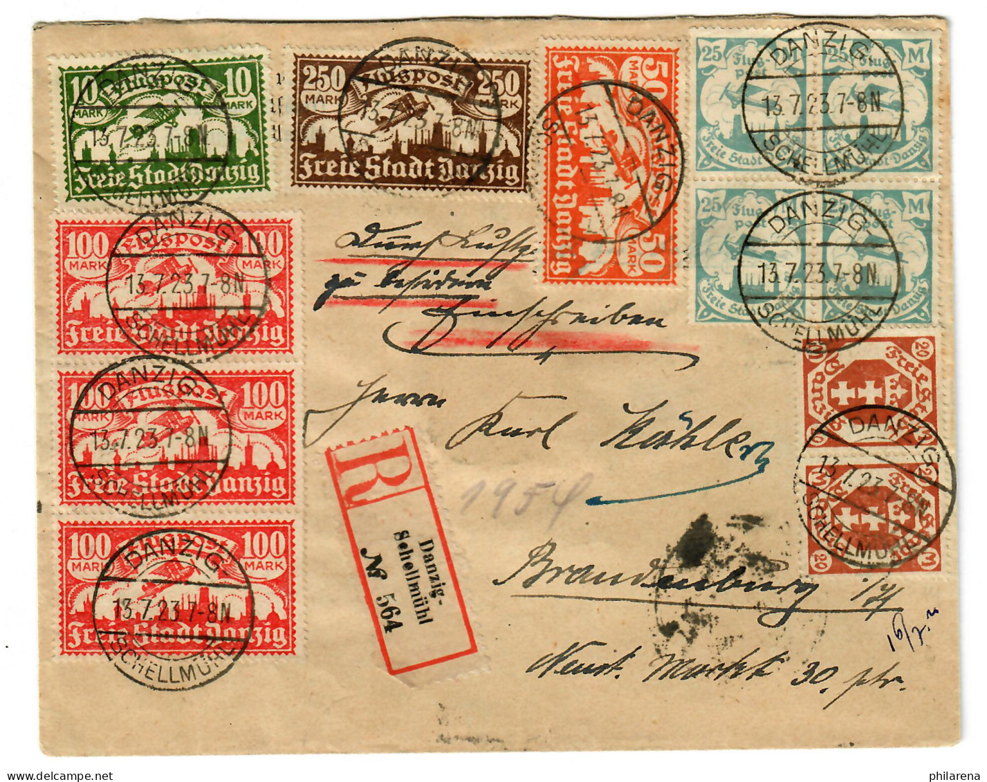 Einschreiben Danzig Schellmühl, 13.7.23 Nach Brandenburg, Luftpoststempel Berlin - Covers & Documents