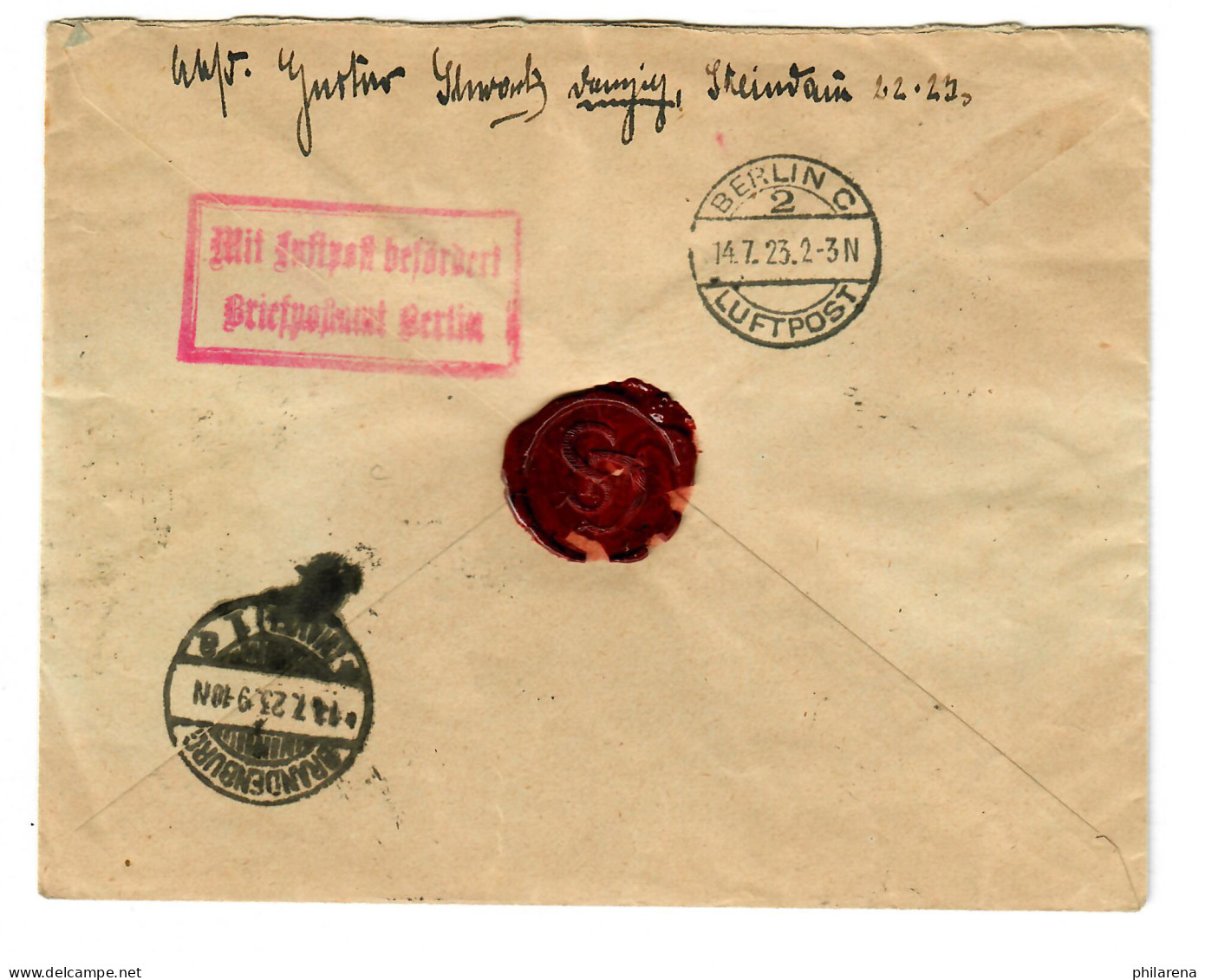 Einschreiben Danzig Schellmühl, 13.7.23 Nach Brandenburg, Luftpoststempel Berlin - Lettres & Documents