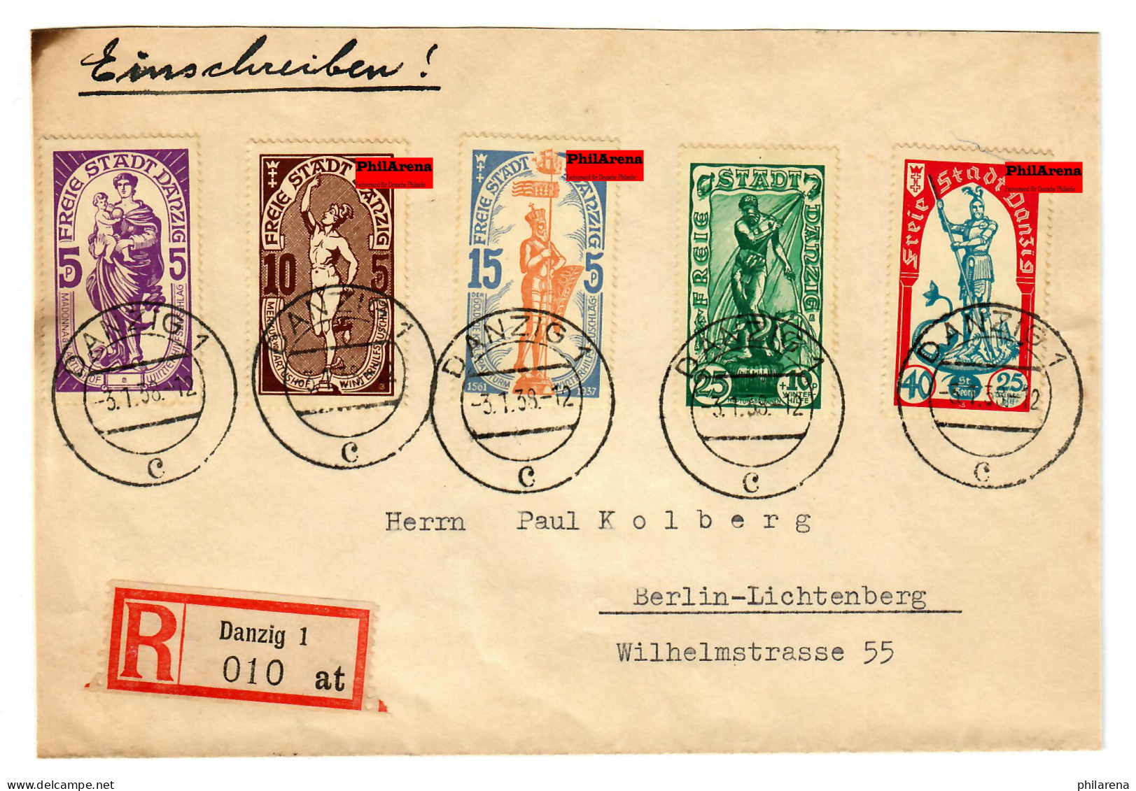 Einschreiben Danzig 3.1.1938 Nach Berlin - Lettres & Documents