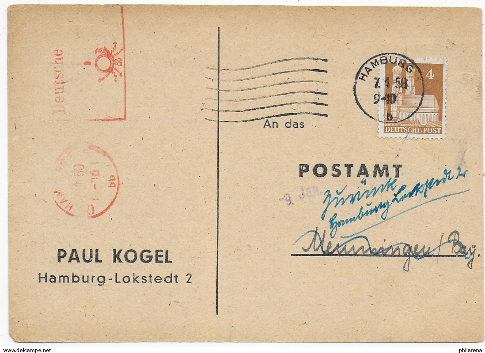 Postkarte Hamburg Nach Memmingen, Zurück, 1950: Prüfung Anschrift - Briefe U. Dokumente