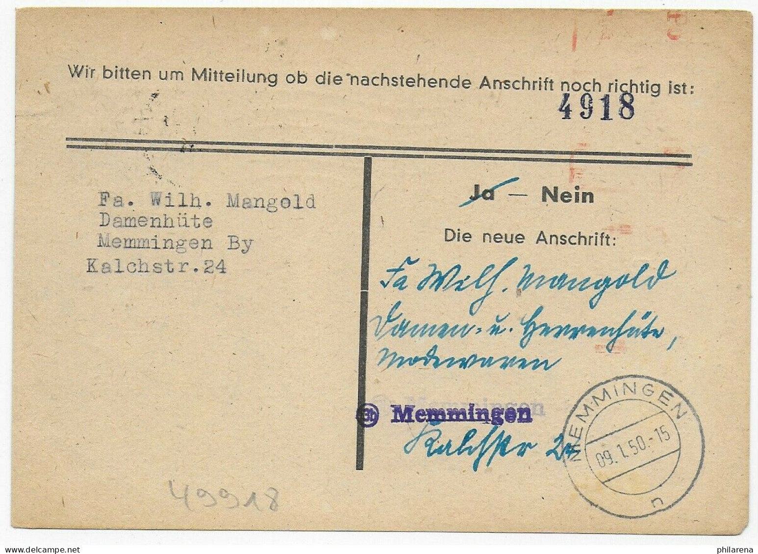 Postkarte Hamburg Nach Memmingen, Zurück, 1950: Prüfung Anschrift - Covers & Documents