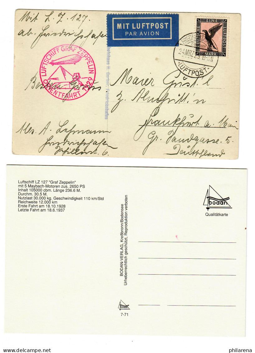 2x Zeppelin: Luftschiff Graf Zeppelin, Orientfahrt 1929, Neuere Karte Von LZ127 - Cartas & Documentos