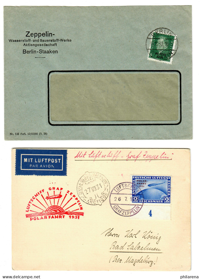2x Zeppelin Briefe: Wasserstoff- Und Sauerstoff-Werke Berlin, 1.Polarfahrt LZ127 - Briefe U. Dokumente