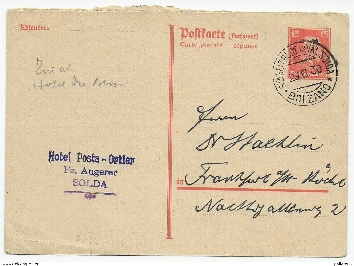 Antwort Ganzsache Von Solda/Bolzano Nach Frankfurt/M, 1930 - Lettres & Documents