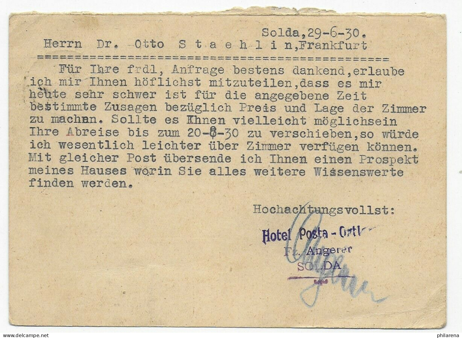 Antwort Ganzsache Von Solda/Bolzano Nach Frankfurt/M, 1930 - Lettres & Documents