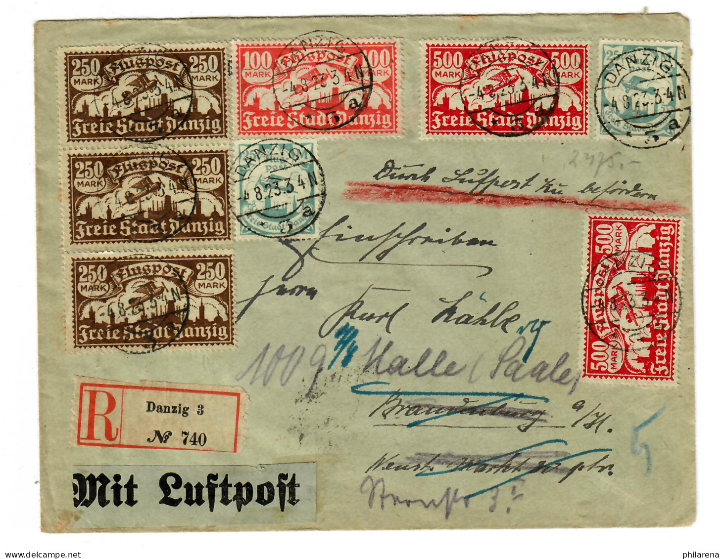 Einschreiben Danzig 3, Luftpost Nach Brandenburg, Weiterleitung Halle, 4.8.1923 - Cartas & Documentos