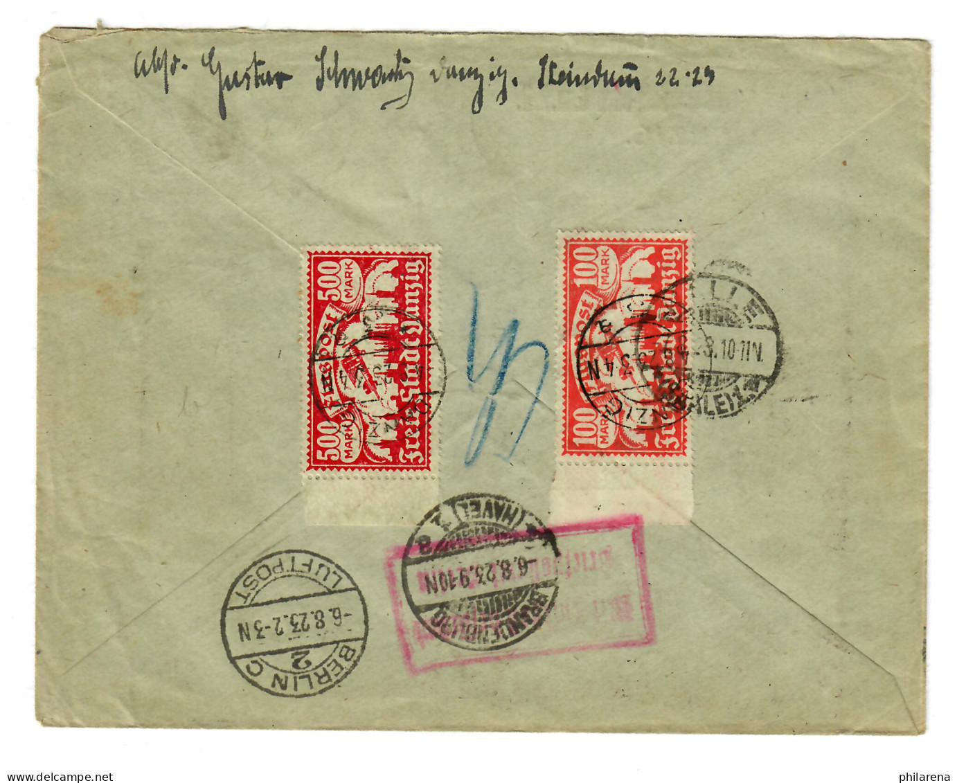 Einschreiben Danzig 3, Luftpost Nach Brandenburg, Weiterleitung Halle, 4.8.1923 - Cartas & Documentos