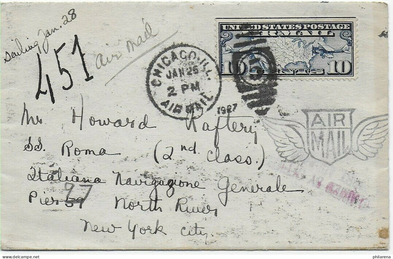 Chicago Ill. 1926/27 To New York, Air Mail: Italian General Navigation, SS Roma - Autres & Non Classés
